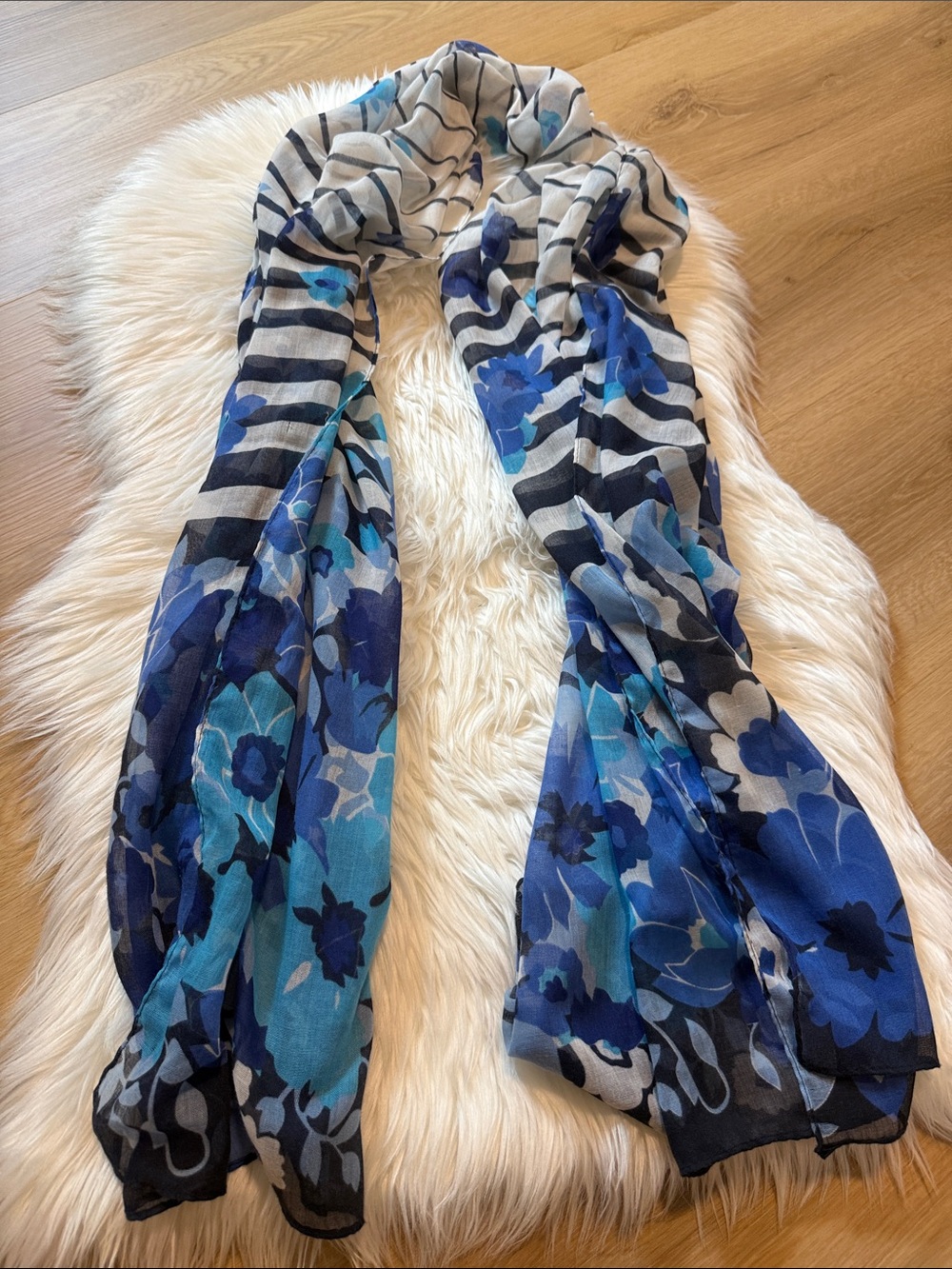 Blue Floral & Stripe Women's Scarf - Elegant Lightweight Wrap